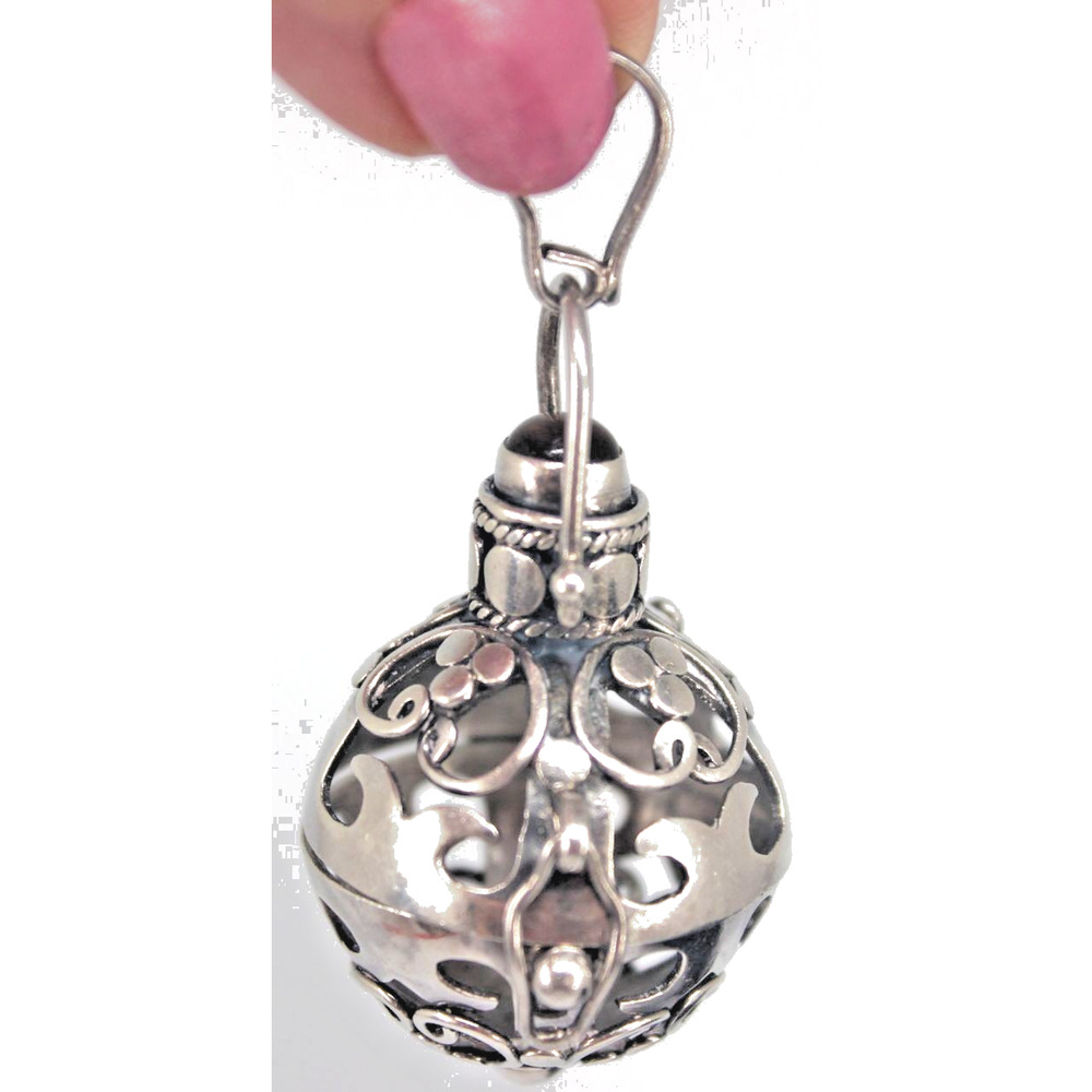 Vintage Sterling Silver Cage Pendant Amber Citrine Cabochon top Hinge Opening